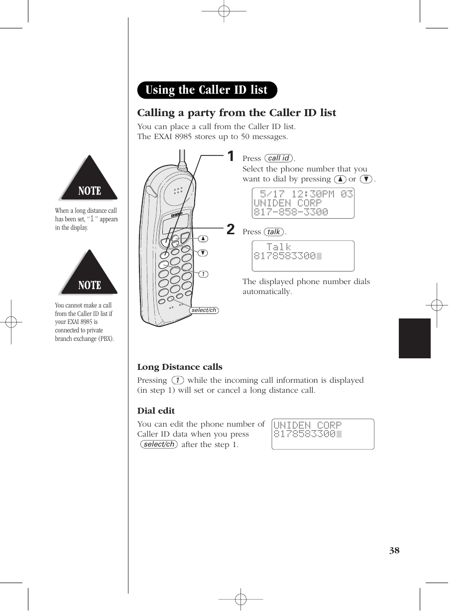 Using the caller id list, Calling a party from the caller id list | Uniden 8985 User Manual | Page 41 / 62
