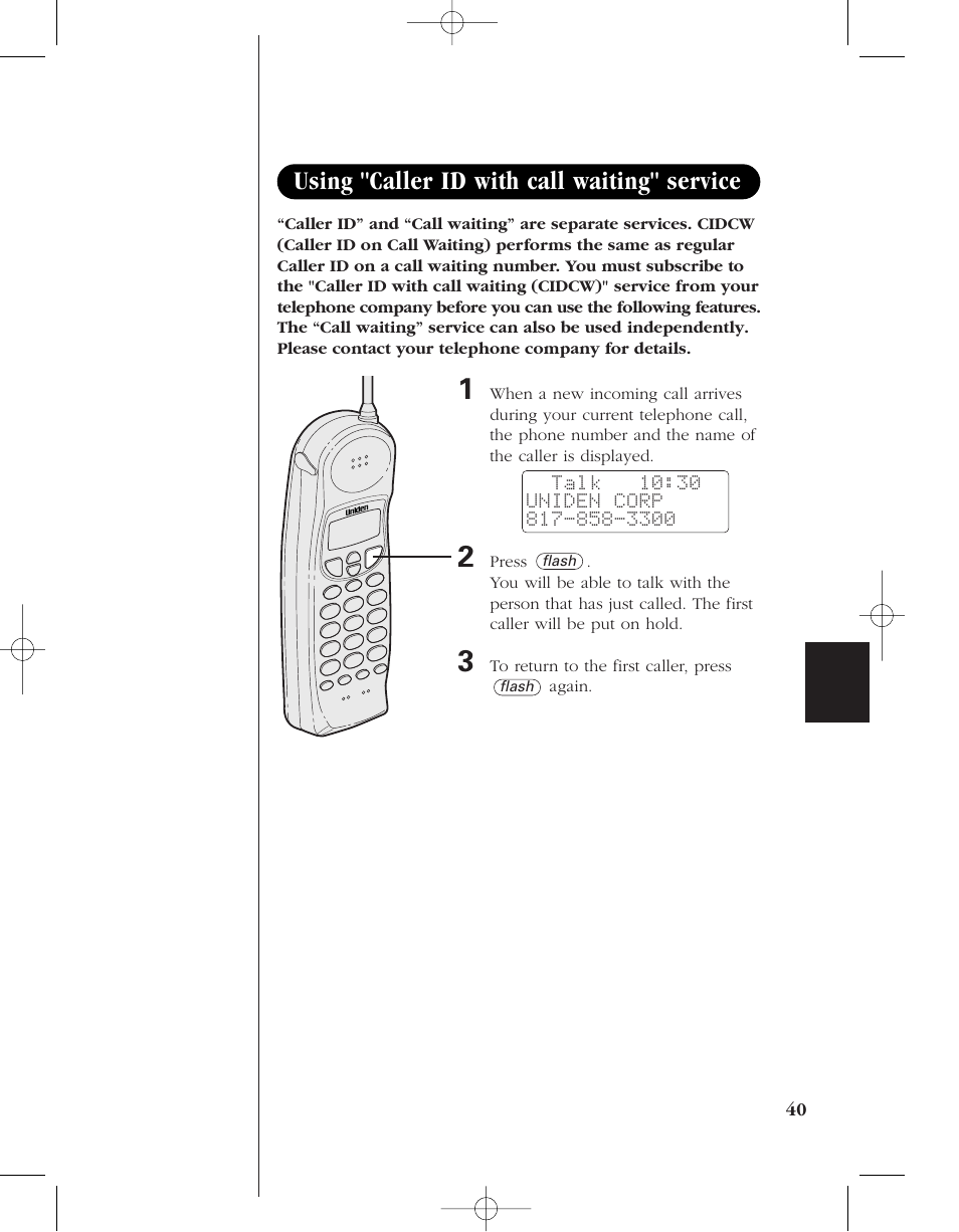 Using "caller id with call waiting" service | Uniden 8985 User Manual | Page 43 / 62