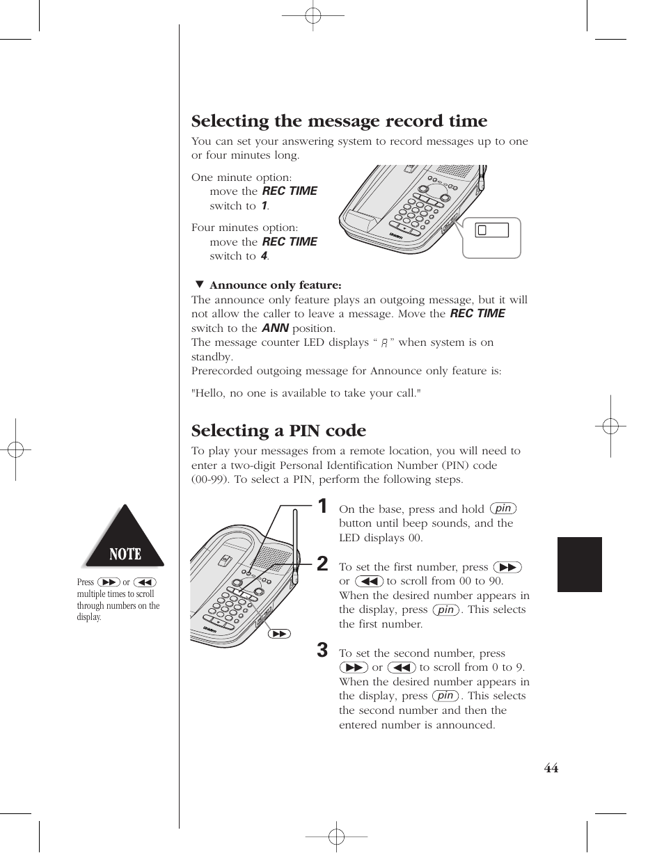 Selecting the message record time, Selecting a pin code | Uniden 8985 User Manual | Page 47 / 62