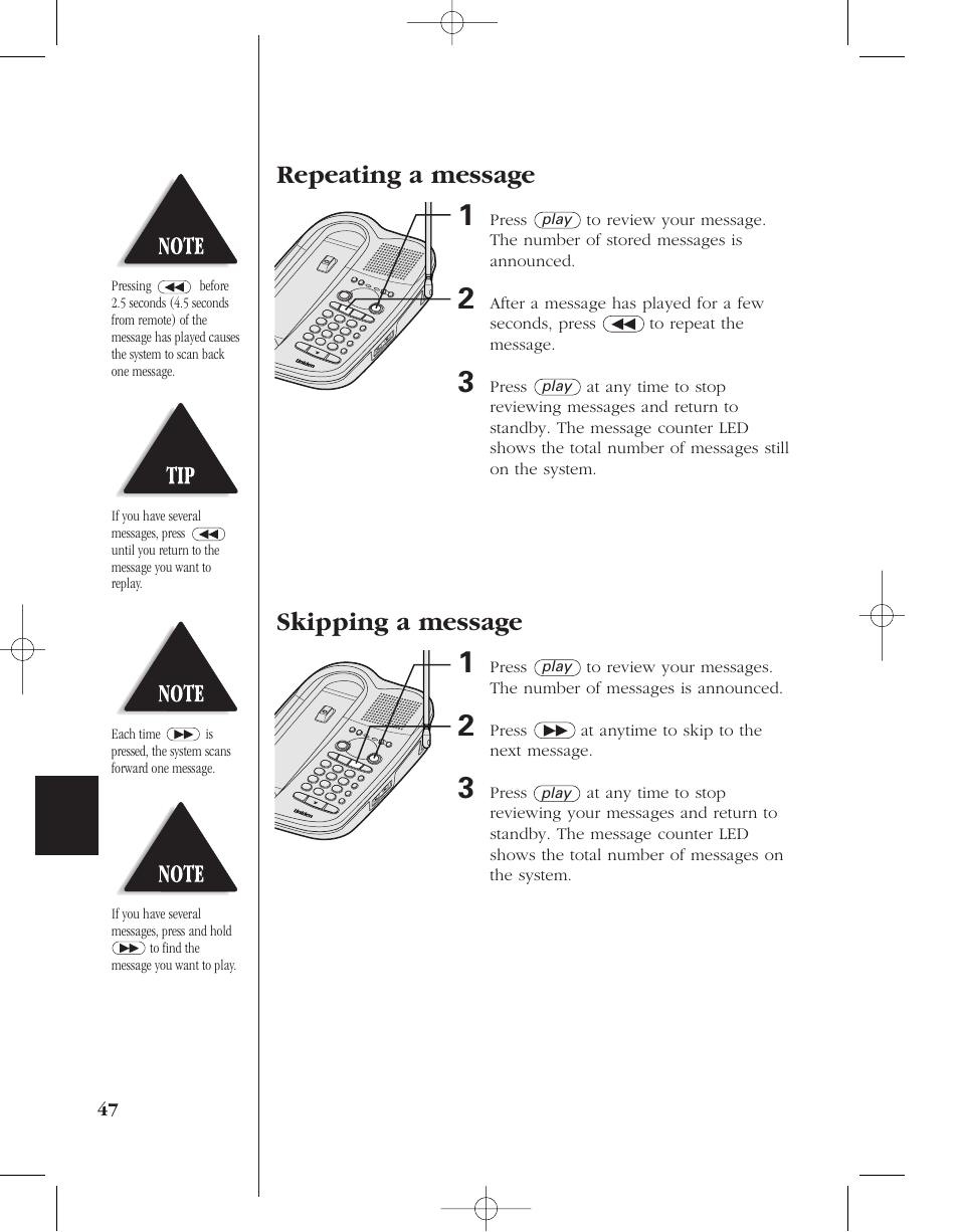 Repeating a message, Skipping a message | Uniden 8985 User Manual | Page 50 / 62