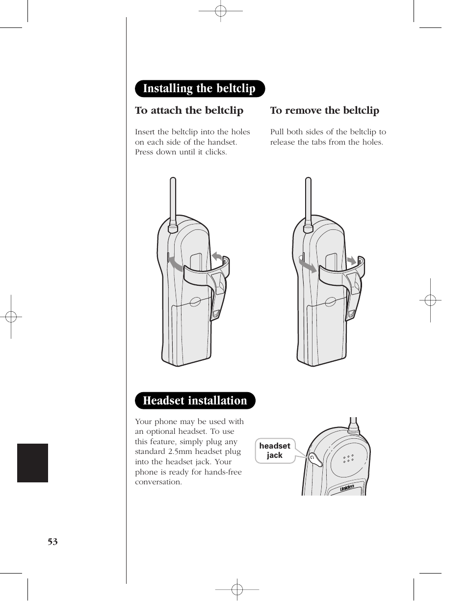 Installing the beltclip headset installation | Uniden 8985 User Manual | Page 56 / 62