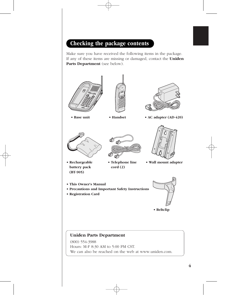 Checking the package contents | Uniden 8985 User Manual | Page 7 / 62