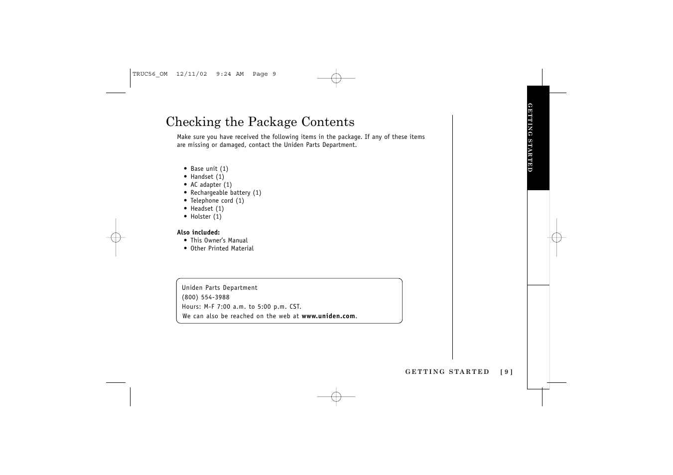 Checking the package contents | Uniden NEO TRUC56 User Manual | Page 11 / 60