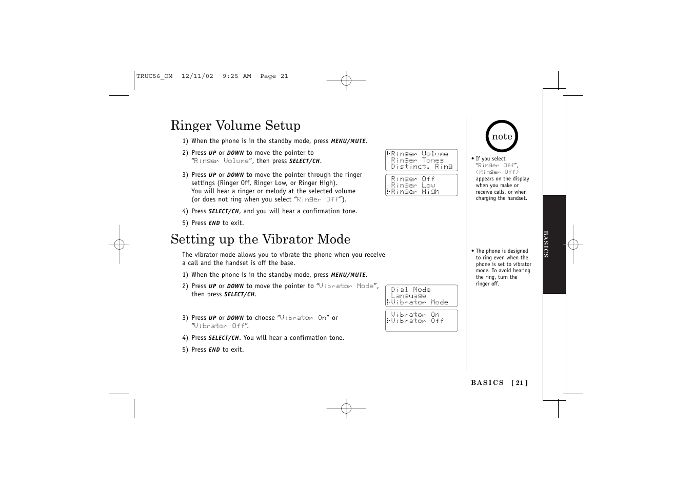 Ringer volume setup, Setting up the vibrator mode | Uniden NEO TRUC56 User Manual | Page 23 / 60