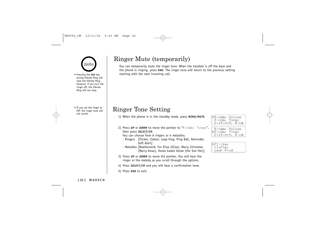 Ringer mute (temporarily), Ringer tone setting | Uniden NEO TRUC56 User Manual | Page 24 / 60
