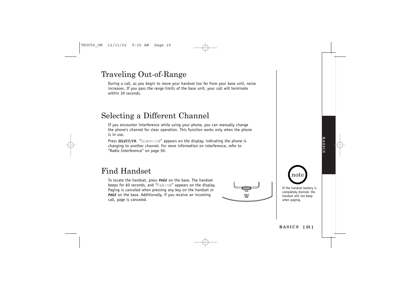 Traveling out-of-range, Find handset selecting a different channel | Uniden NEO TRUC56 User Manual | Page 27 / 60