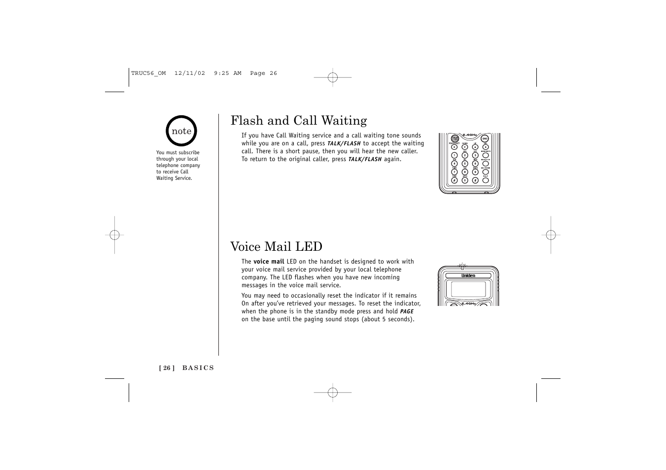 Flash and call waiting, Voice mail led | Uniden NEO TRUC56 User Manual | Page 28 / 60