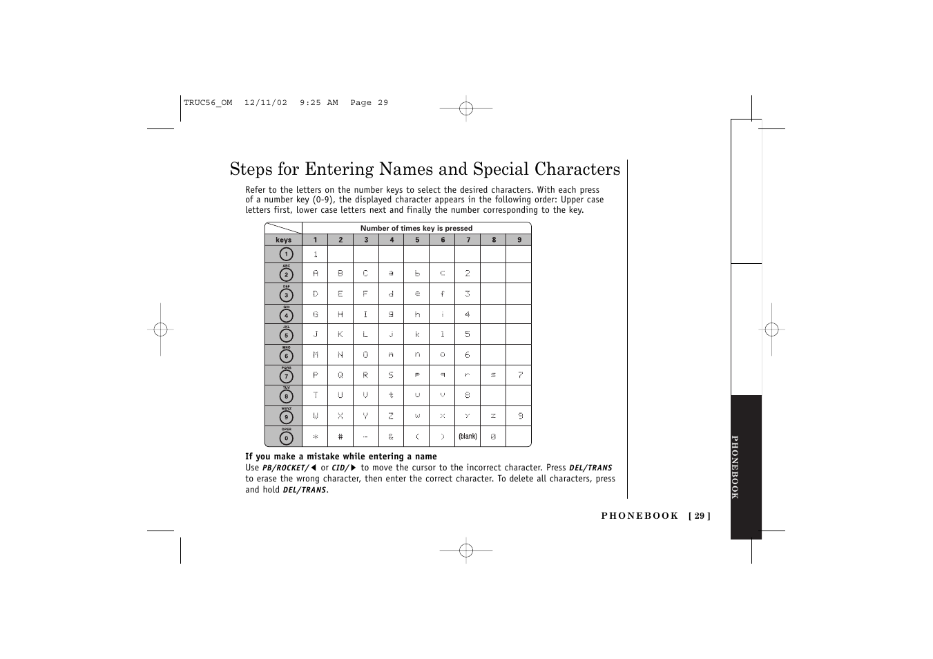 Steps for entering names and special characters | Uniden NEO TRUC56 User Manual | Page 31 / 60