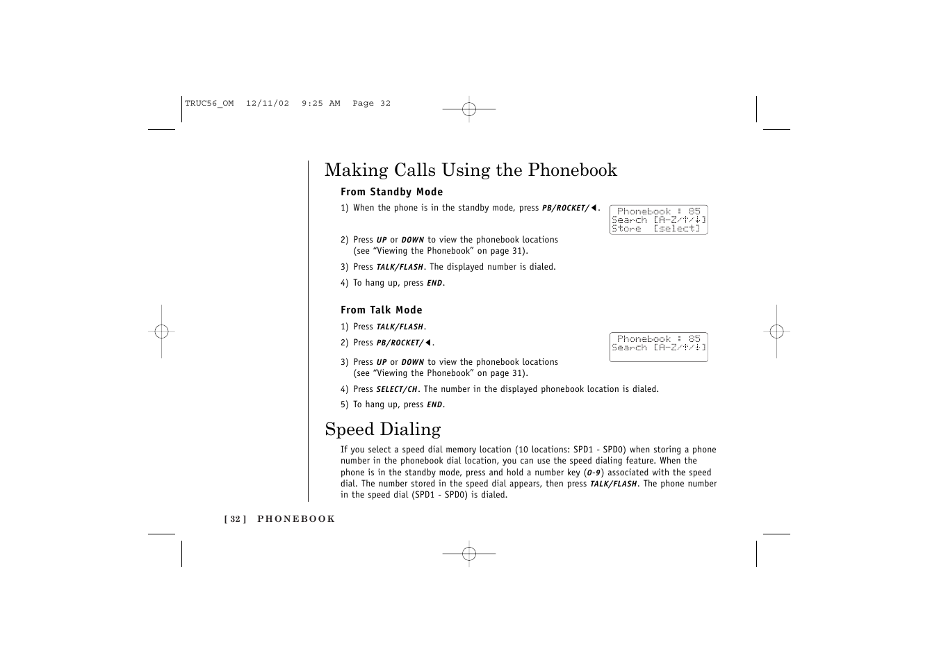 Making calls using the phonebook, Speed dialing | Uniden NEO TRUC56 User Manual | Page 34 / 60