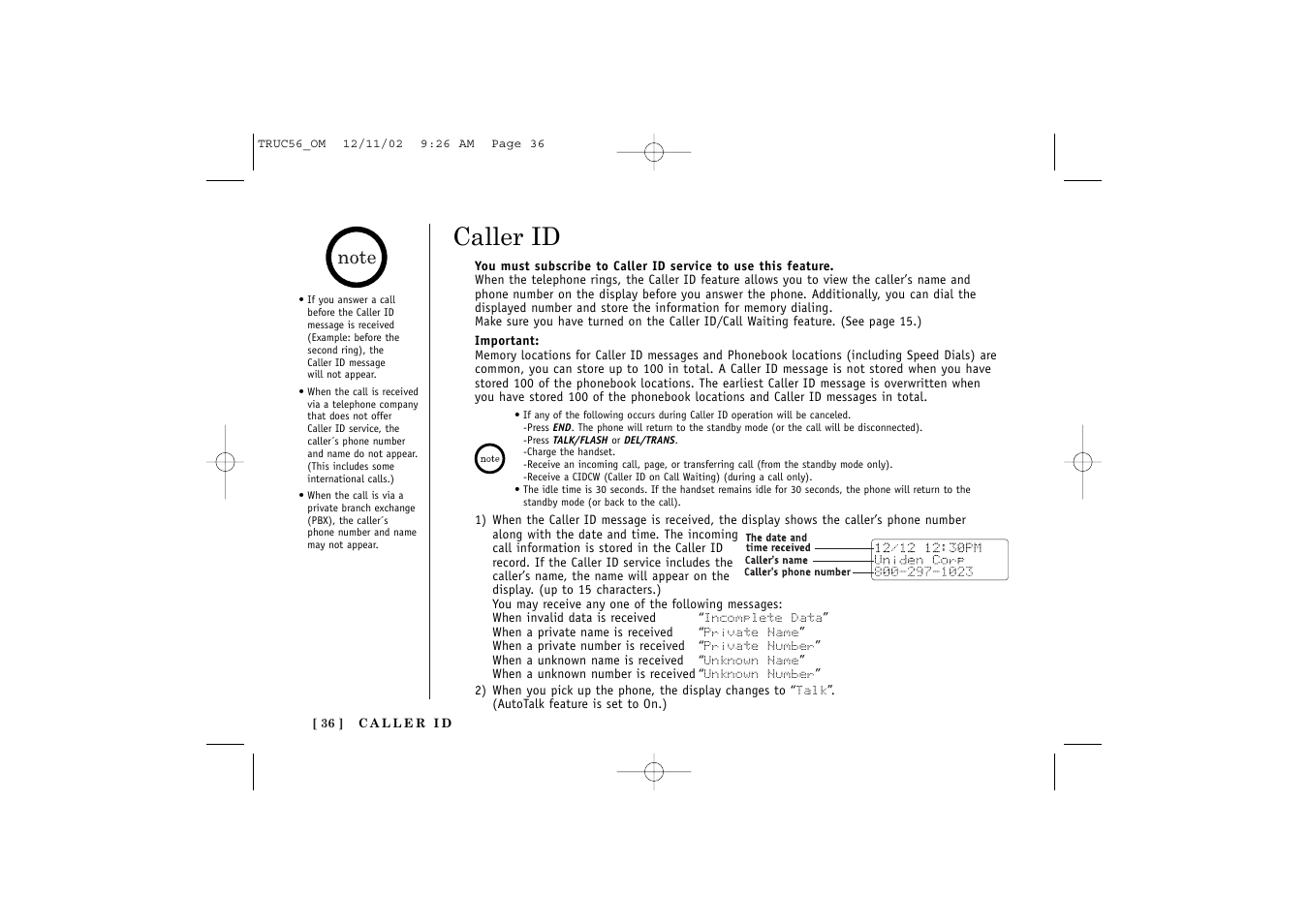 Caller id | Uniden NEO TRUC56 User Manual | Page 38 / 60