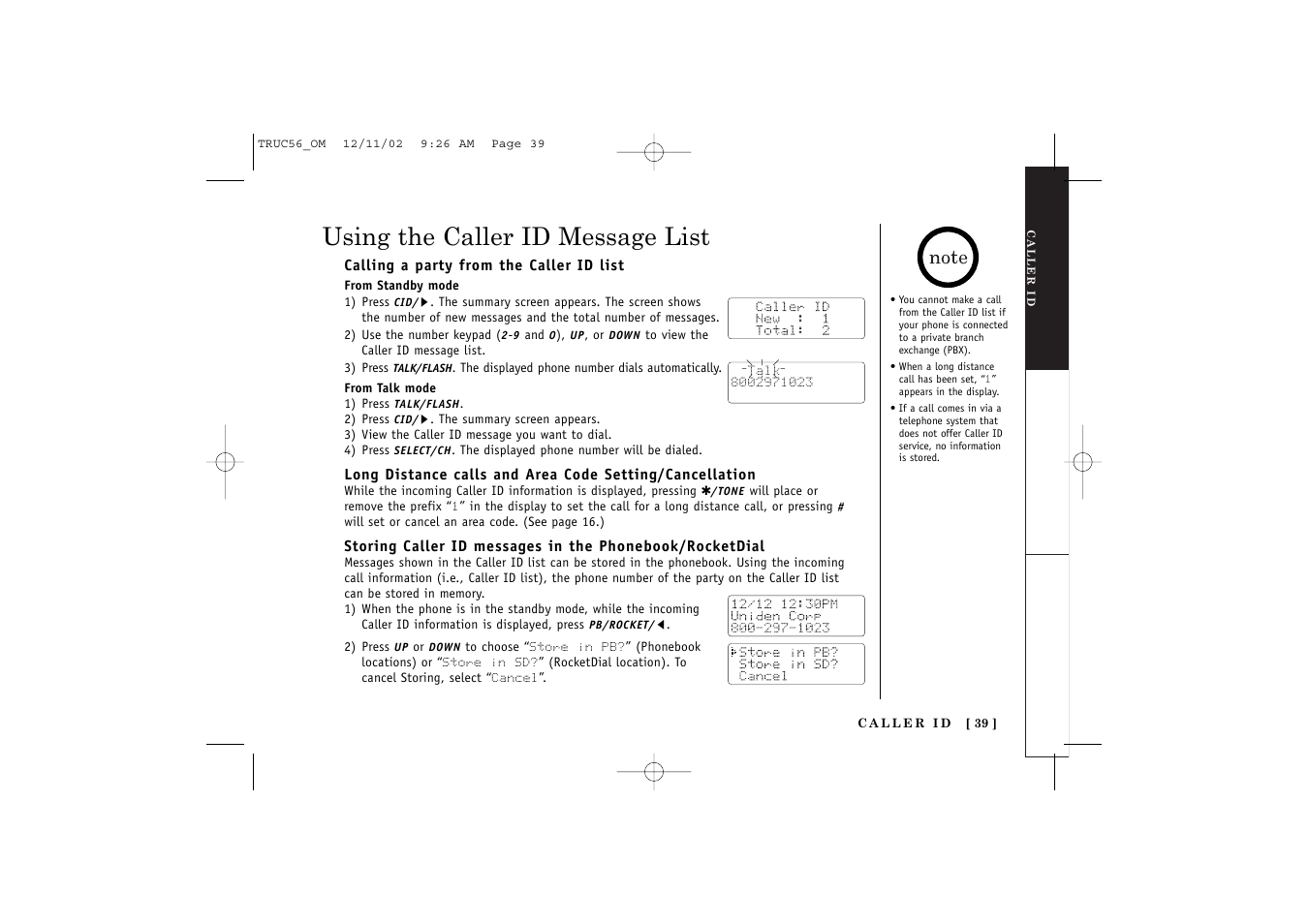 Using the caller id message list | Uniden NEO TRUC56 User Manual | Page 41 / 60