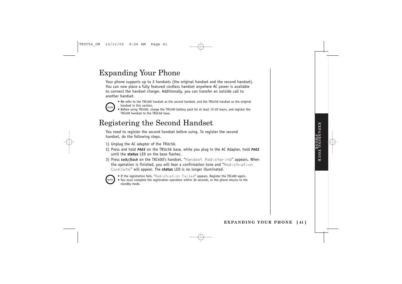 Expanding your phone, Registering the second handset | Uniden NEO TRUC56 User Manual | Page 43 / 60