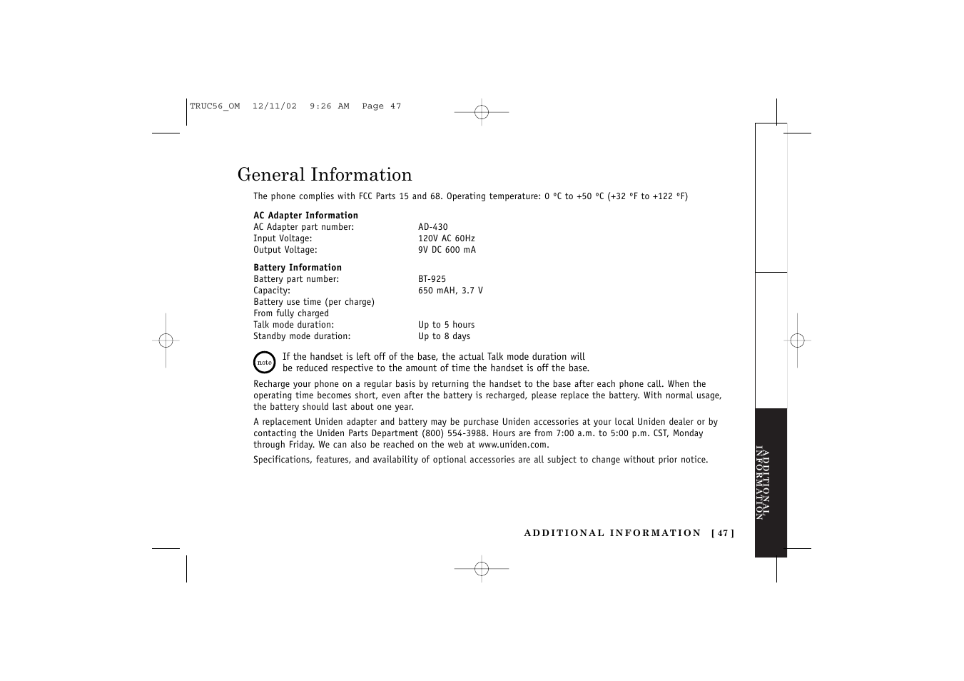 General information | Uniden NEO TRUC56 User Manual | Page 49 / 60