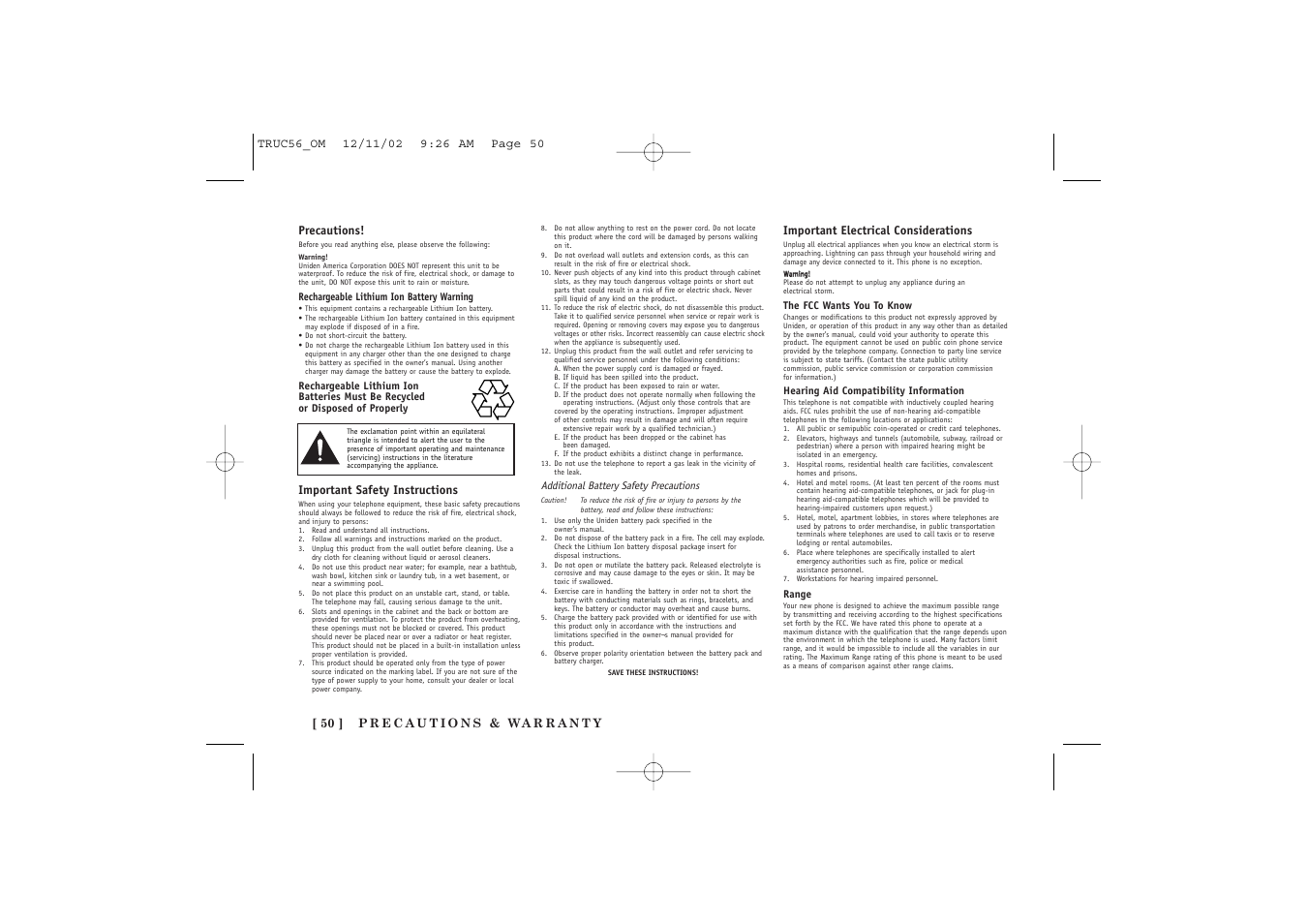 Important safety instructions, Important electrical considerations | Uniden NEO TRUC56 User Manual | Page 52 / 60