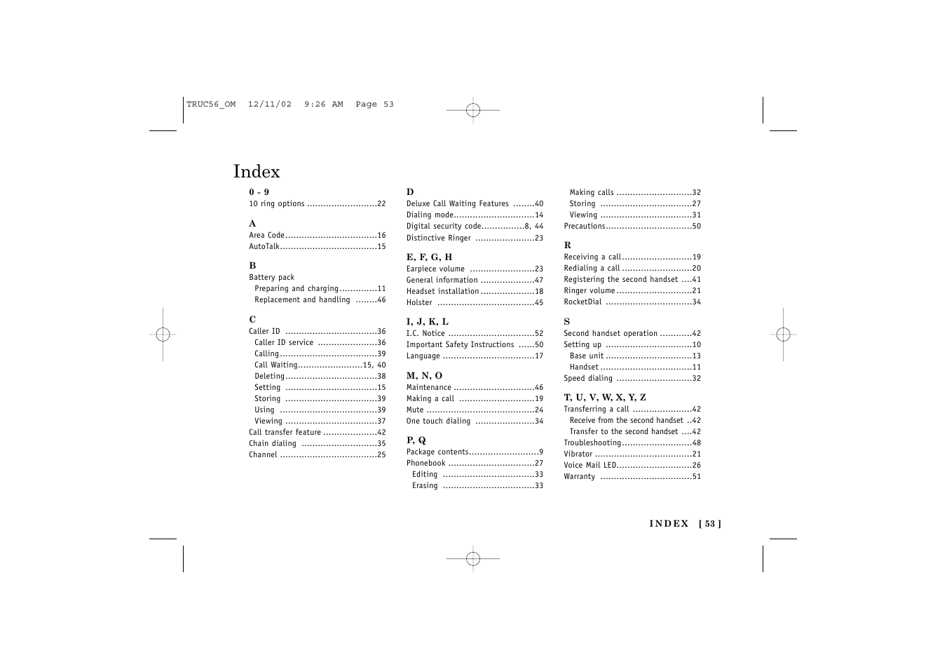 Index | Uniden NEO TRUC56 User Manual | Page 55 / 60