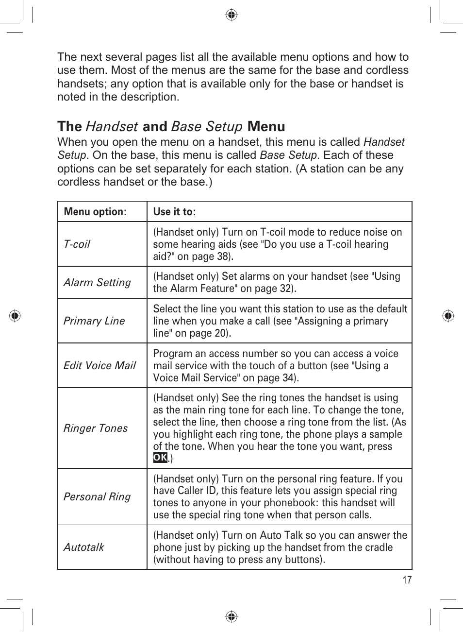 The handset and base setup menu | Uniden DECT4066-3 User Manual | Page 19 / 48