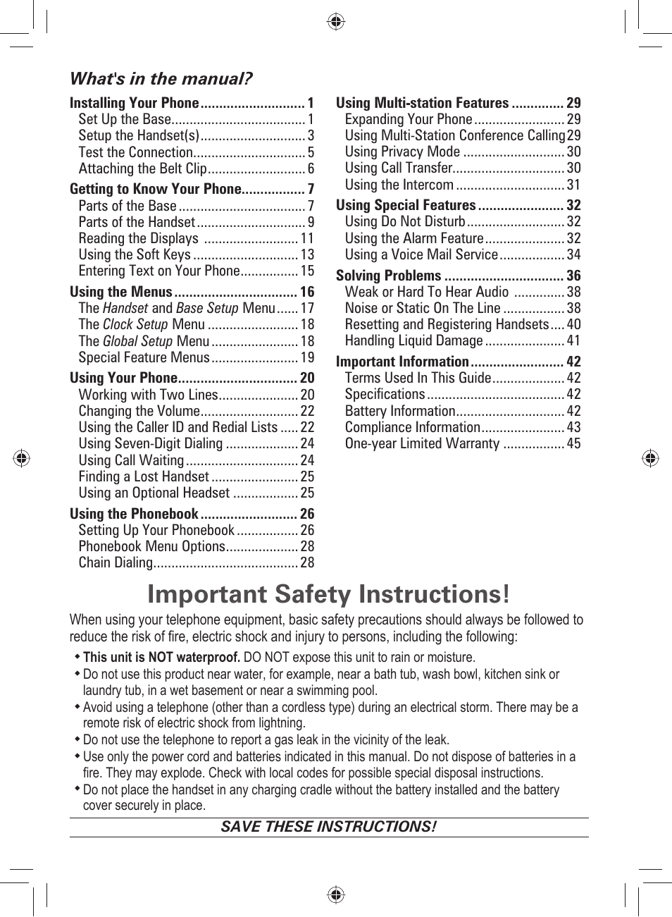 Important safety instructions, What's in the manual | Uniden DECT4066-3 User Manual | Page 2 / 48