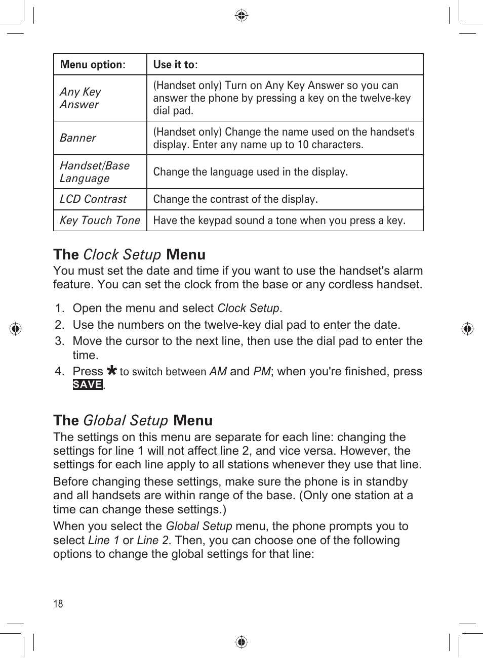 The clock setup menu, The global setup menu | Uniden DECT4066-3 User Manual | Page 20 / 48