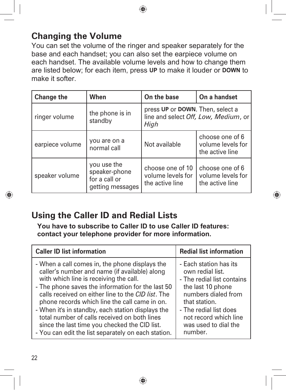 Changing the volume, Using the caller id and redial lists | Uniden DECT4066-3 User Manual | Page 24 / 48