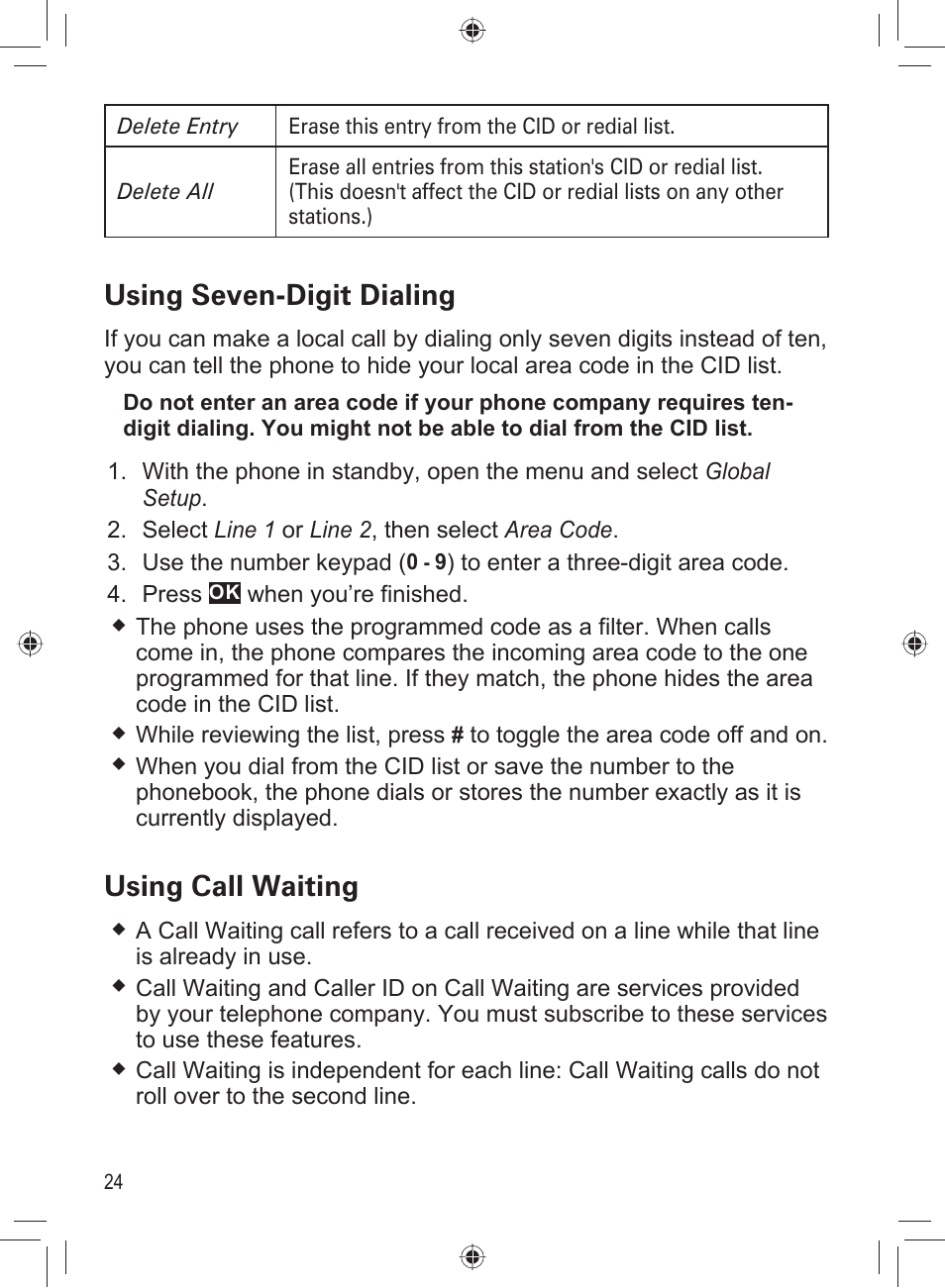 Using seven-digit dialing, Using call waiting | Uniden DECT4066-3 User Manual | Page 26 / 48