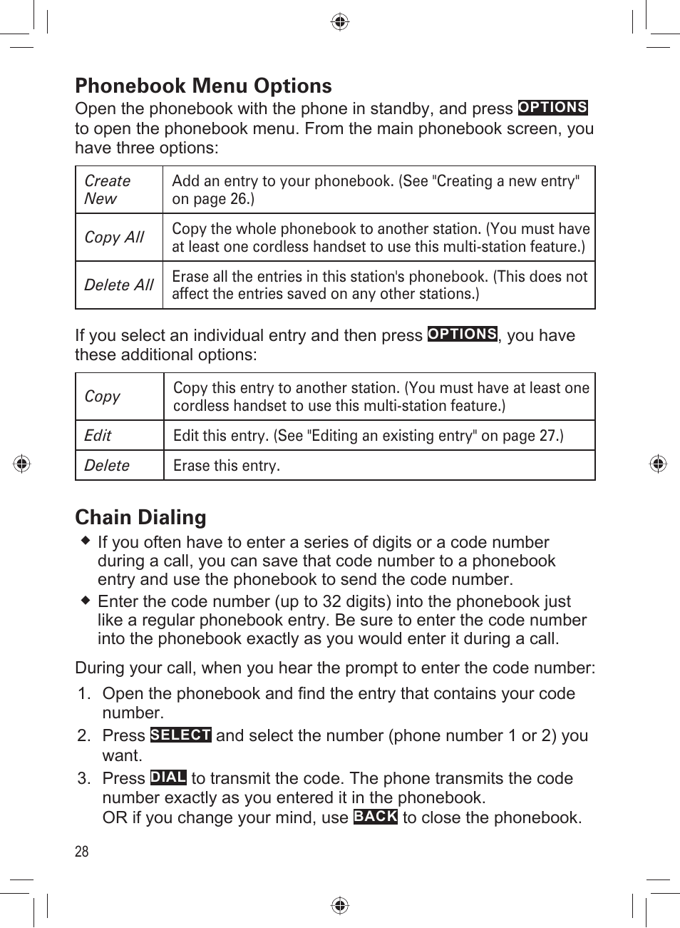 Phonebook menu options, Chain dialing | Uniden DECT4066-3 User Manual | Page 30 / 48