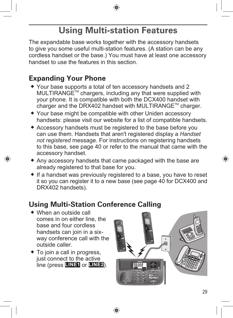 Using multi-station features, Expanding your phone, Using multi-station conference calling | Uniden DECT4066-3 User Manual | Page 31 / 48