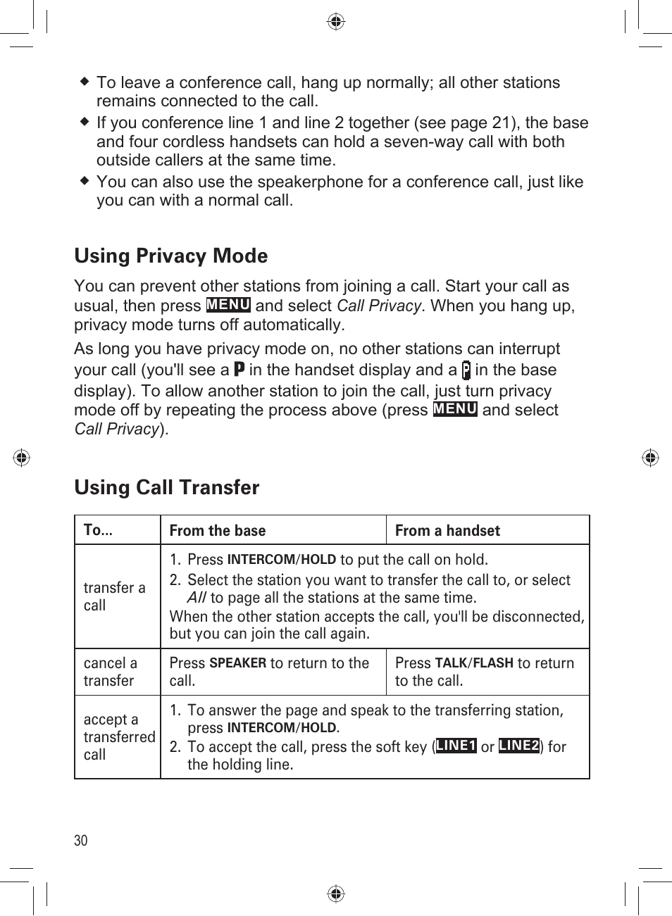 Using privacy mode, Using call transfer | Uniden DECT4066-3 User Manual | Page 32 / 48