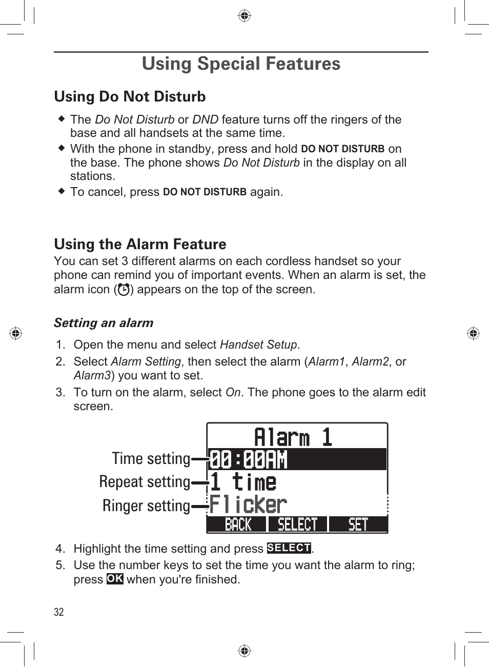 Using special features, Time setting repeat setting ringer setting | Uniden DECT4066-3 User Manual | Page 34 / 48