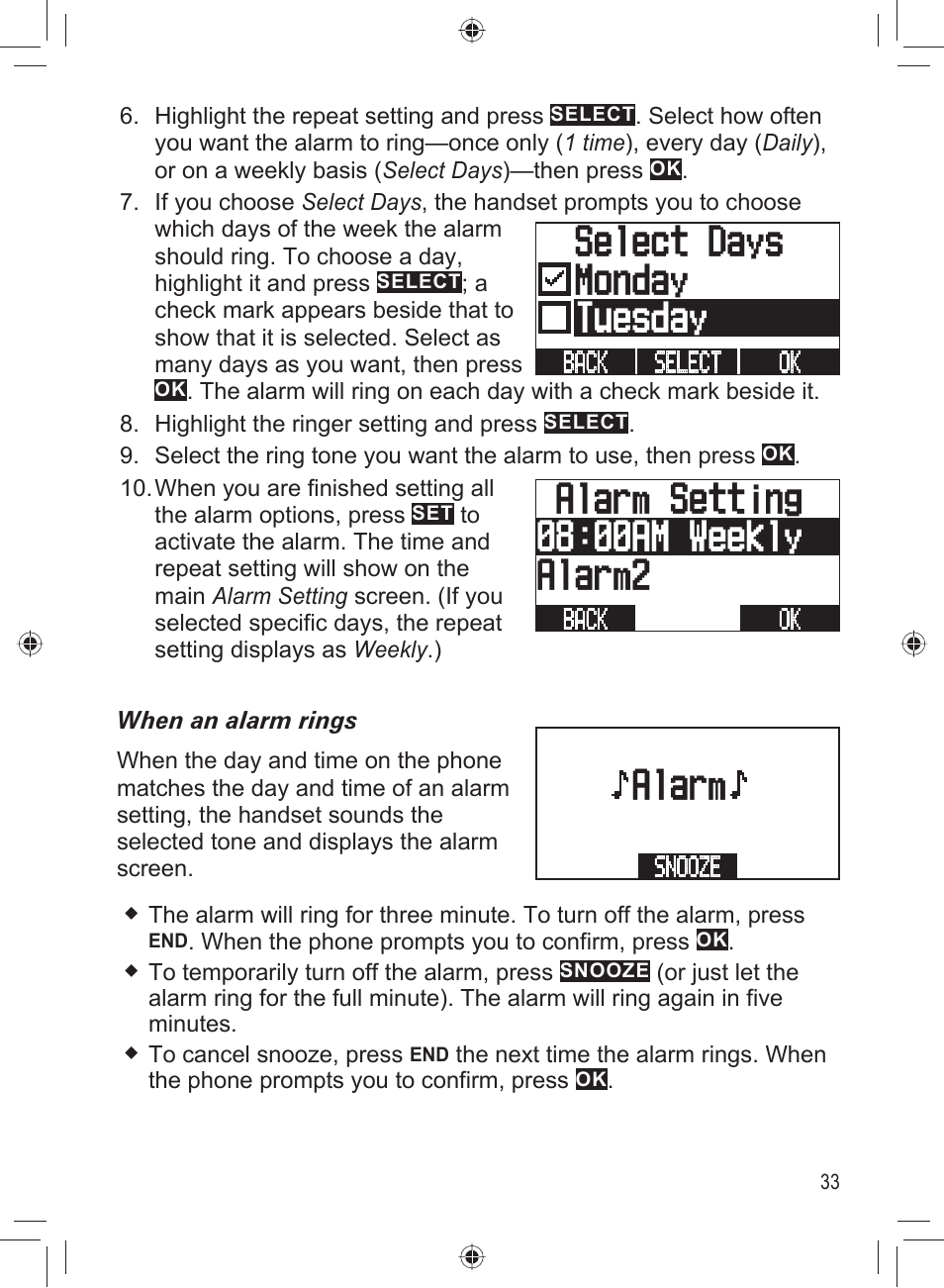 Select days monday tuesday, Alarm | Uniden DECT4066-3 User Manual | Page 35 / 48