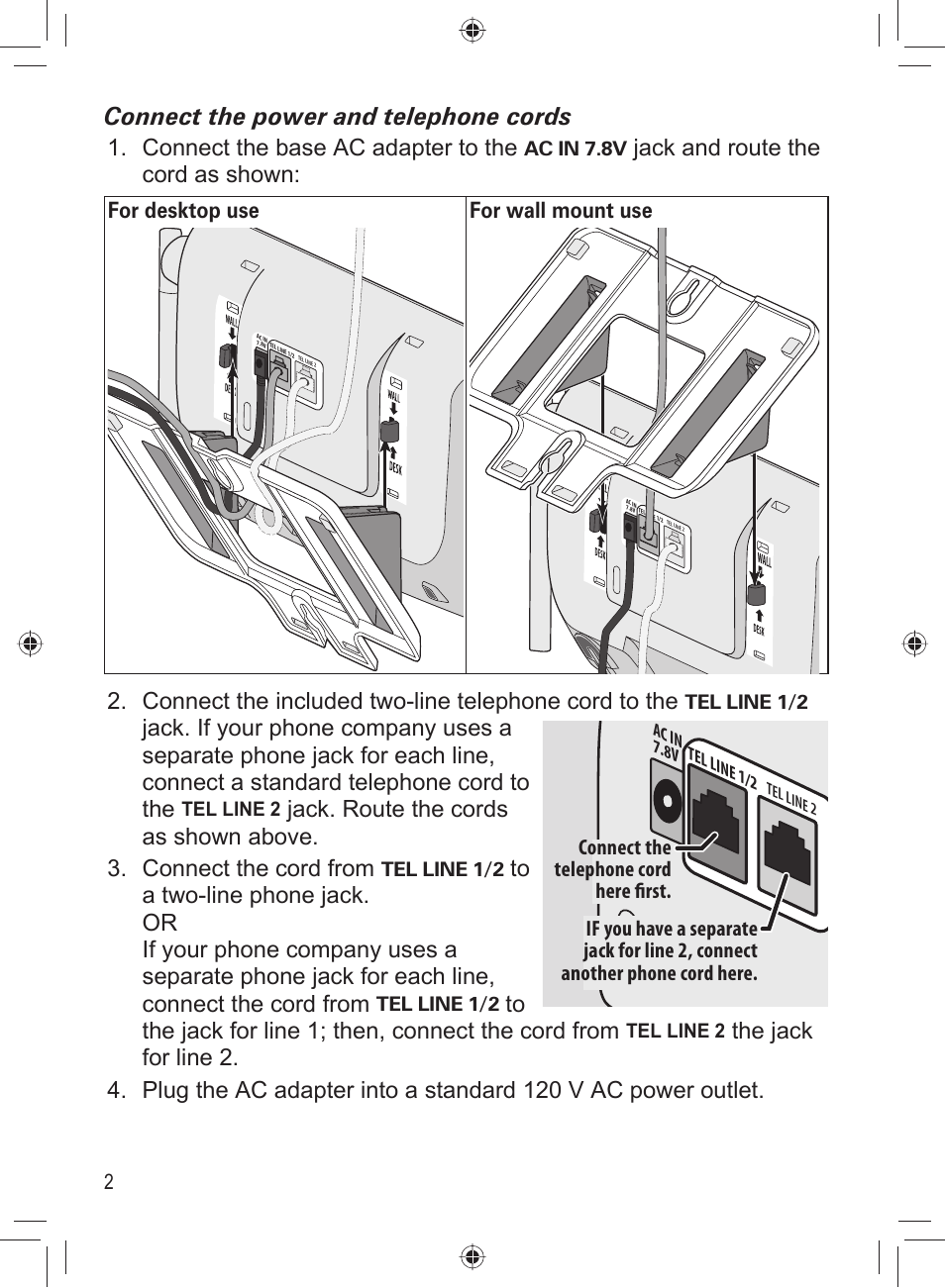 Connect the power and telephone cords, Connect the base ac adapter to the, Jack and route the cord as shown | Uniden DECT4066-3 User Manual | Page 4 / 48