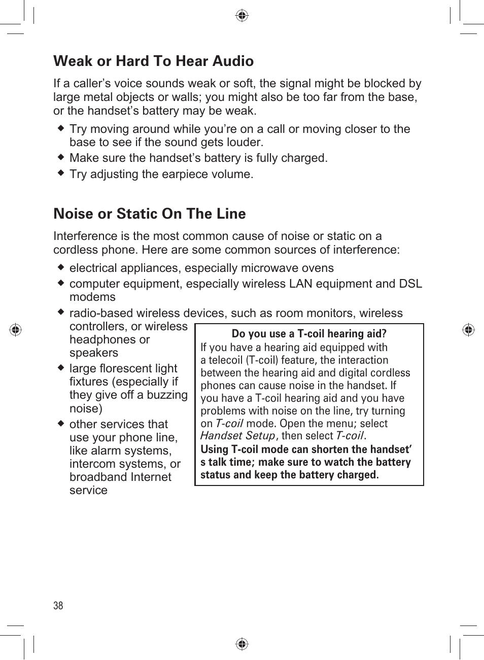 Weak or hard to hear audio, Noise or static on the line | Uniden DECT4066-3 User Manual | Page 40 / 48