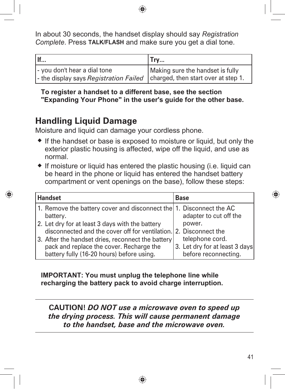 Handling liquid damage | Uniden DECT4066-3 User Manual | Page 43 / 48