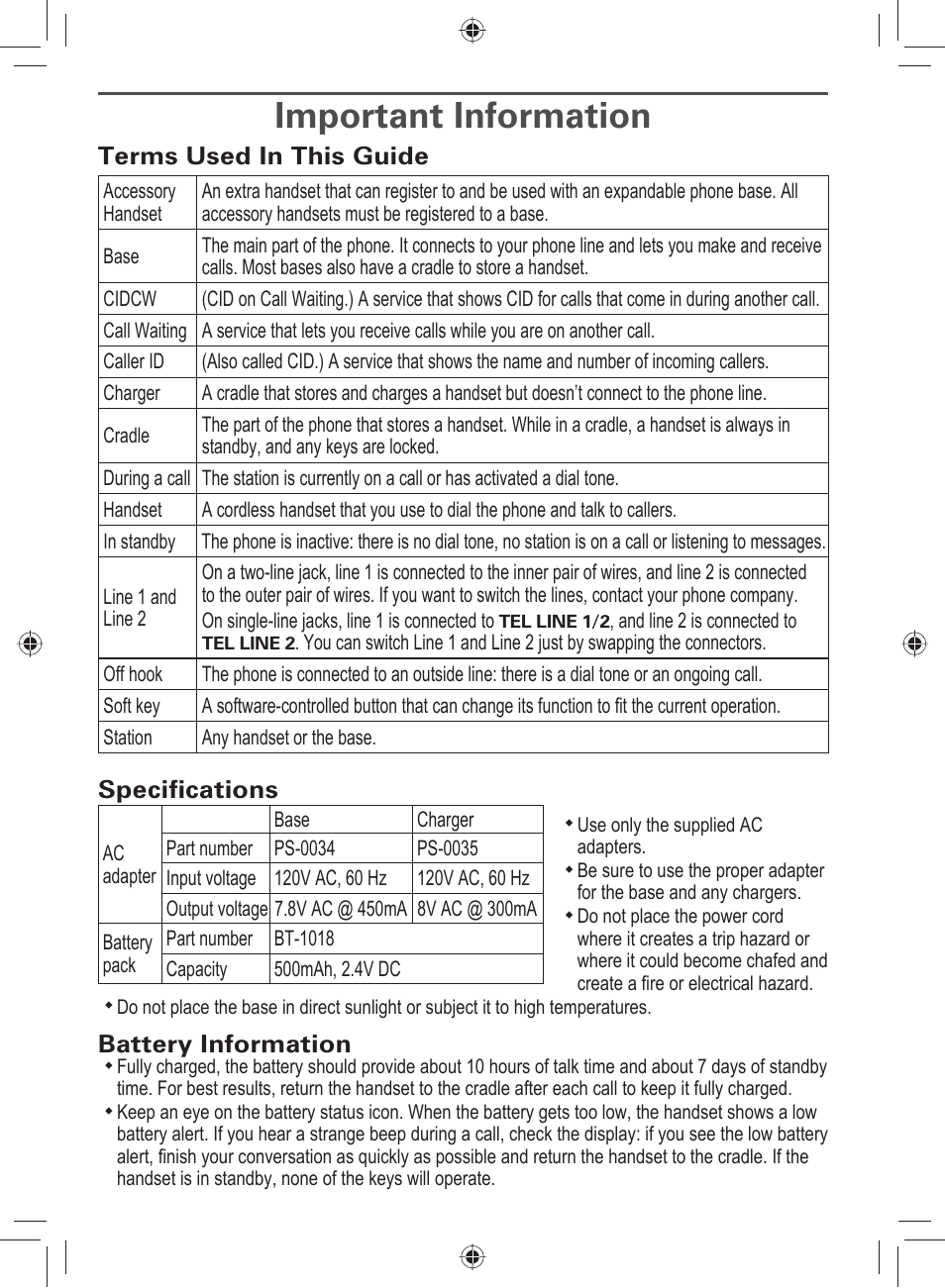 Important information, Terms used in this guide, Specifi cations | Battery information | Uniden DECT4066-3 User Manual | Page 44 / 48