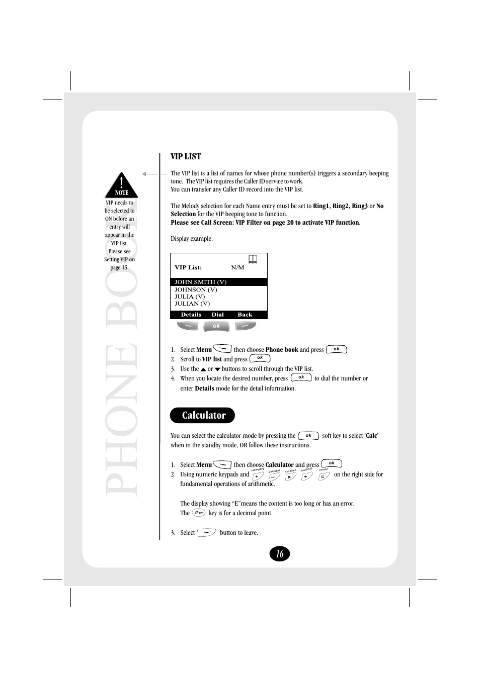 Phone book, Calculator, Vip list | Uniden FP106 User Manual | Page 22 / 32