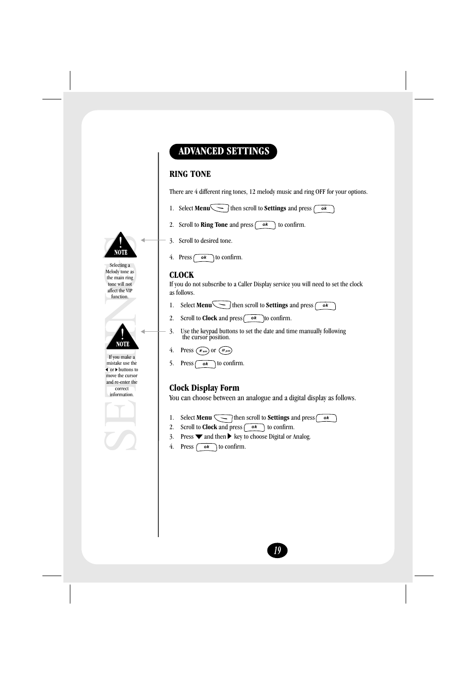 Settings, Advanced settings, Ring tone | Clock clock display form | Uniden FP106 User Manual | Page 25 / 32