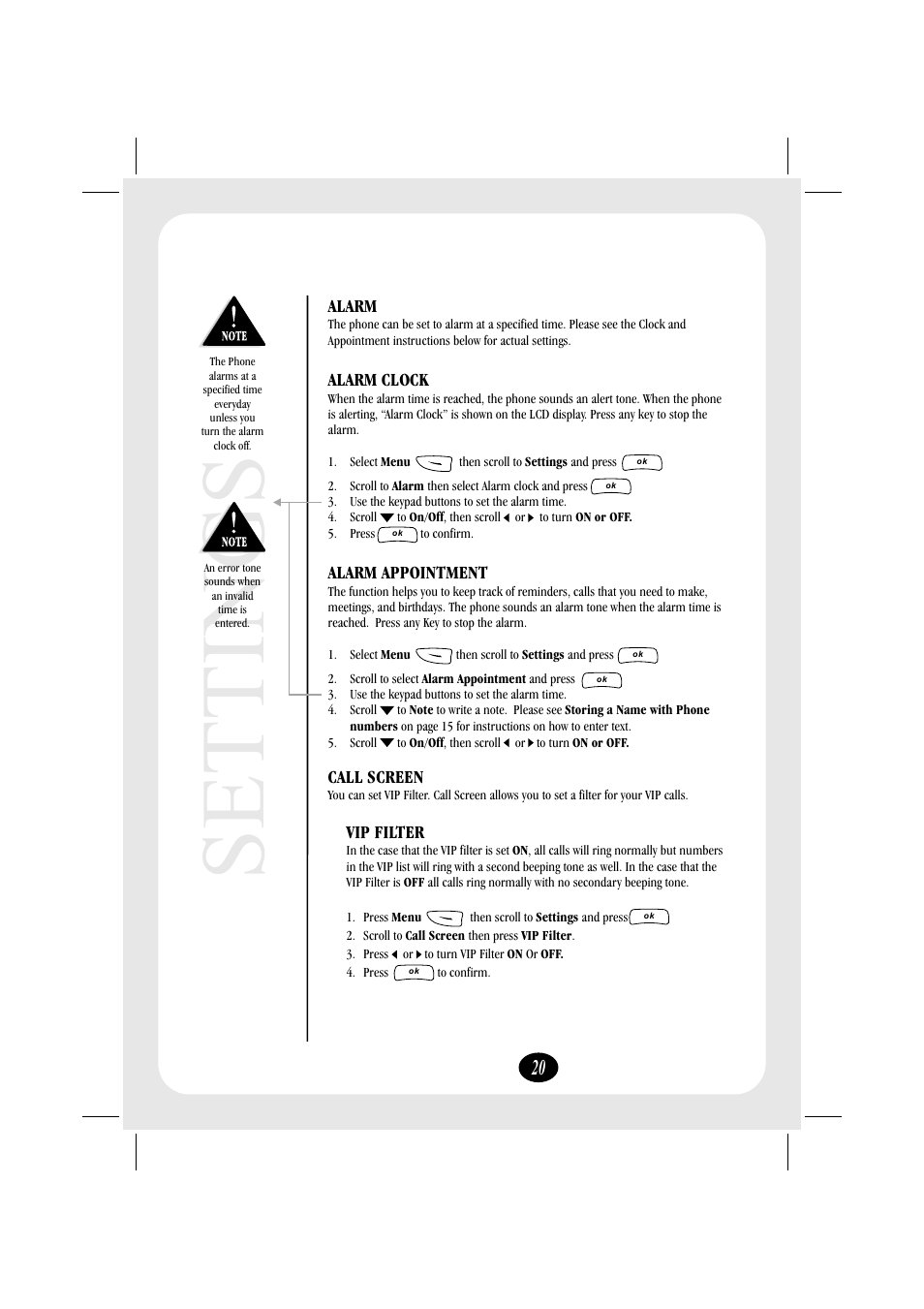 Settings, Alarm alarm clock alarm appointment, Call screen vip filter | Uniden FP106 User Manual | Page 26 / 32