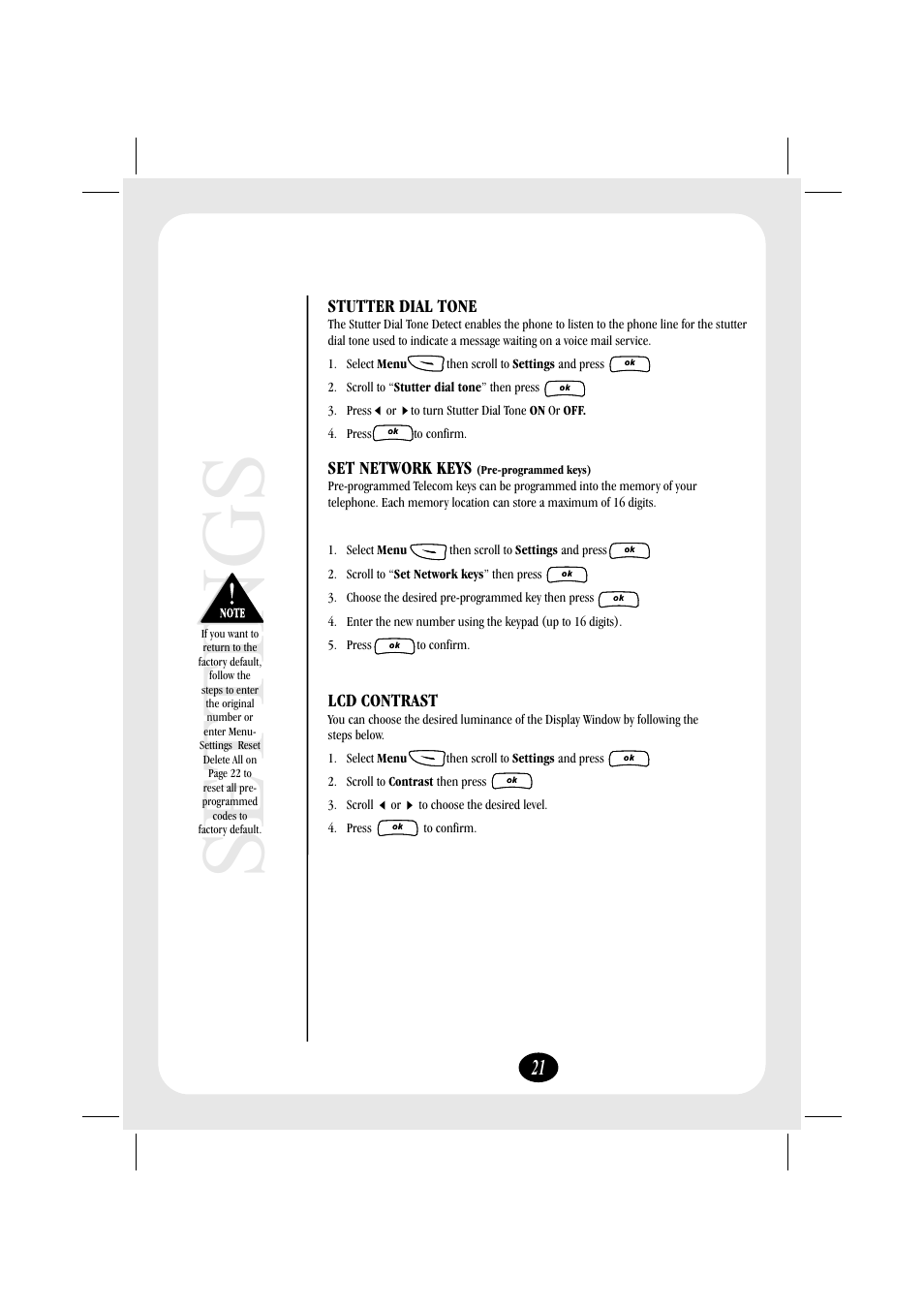 Settings, Stutter dial tone set network keys lcd contrast | Uniden FP106 User Manual | Page 27 / 32