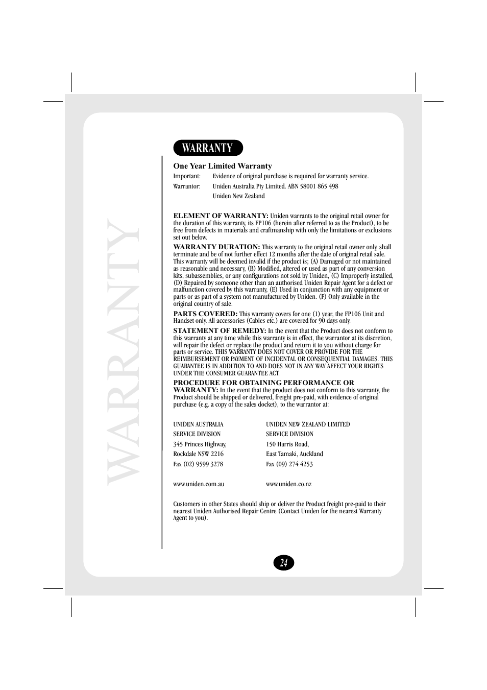 Warranty | Uniden FP106 User Manual | Page 30 / 32