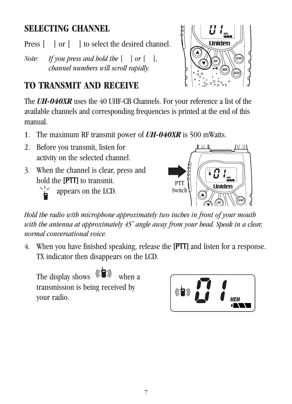 Selecting channel, Press [▲] or [▼] to select the desired channel, When you have finished speaking, release the | Uniden UH-040XR User Manual | Page 10 / 24