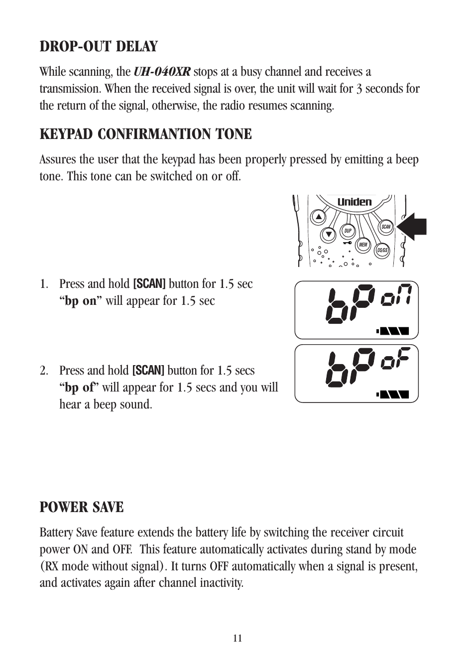 Drop-out delay, Keypad confirmantion tone, Power save | Uniden UH-040XR User Manual | Page 14 / 24