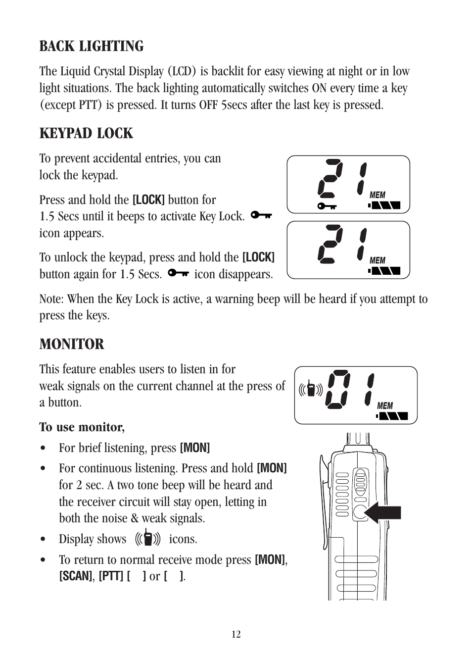 Back lighting, Keypad lock, Monitor | Uniden UH-040XR User Manual | Page 15 / 24