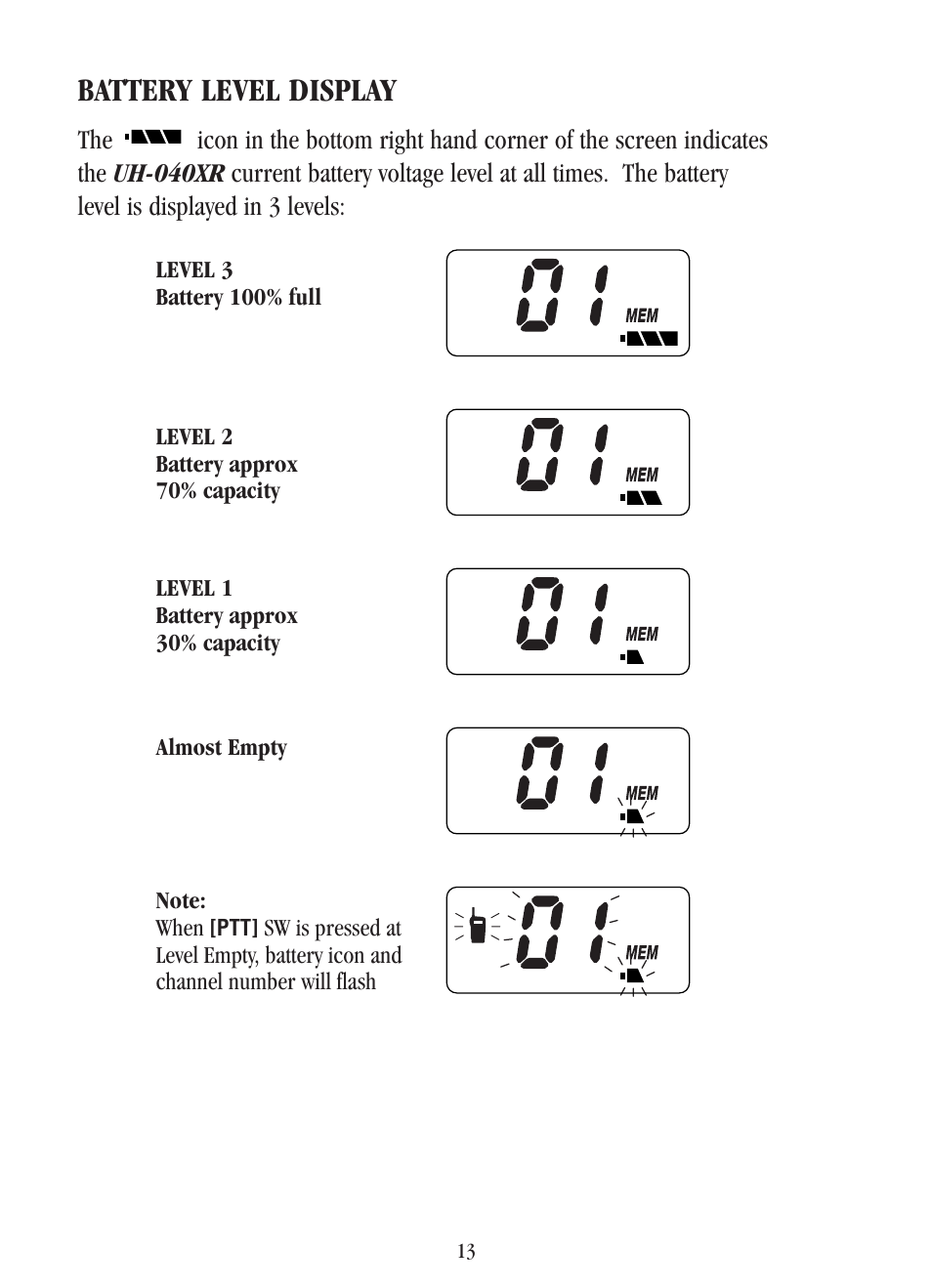 Battery level display | Uniden UH-040XR User Manual | Page 16 / 24