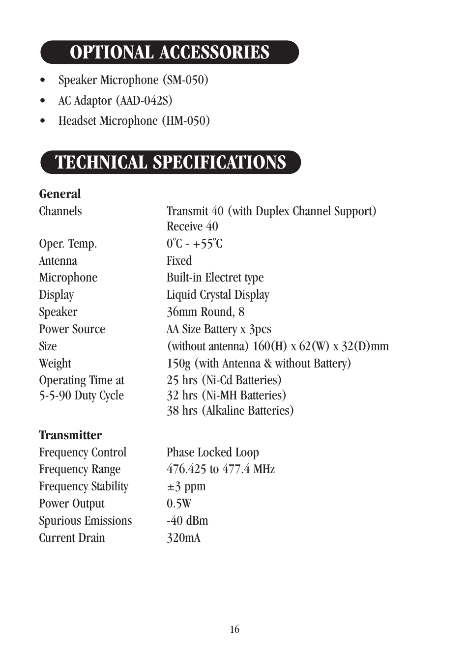 Technical specifications optional accessories | Uniden UH-040XR User Manual | Page 19 / 24