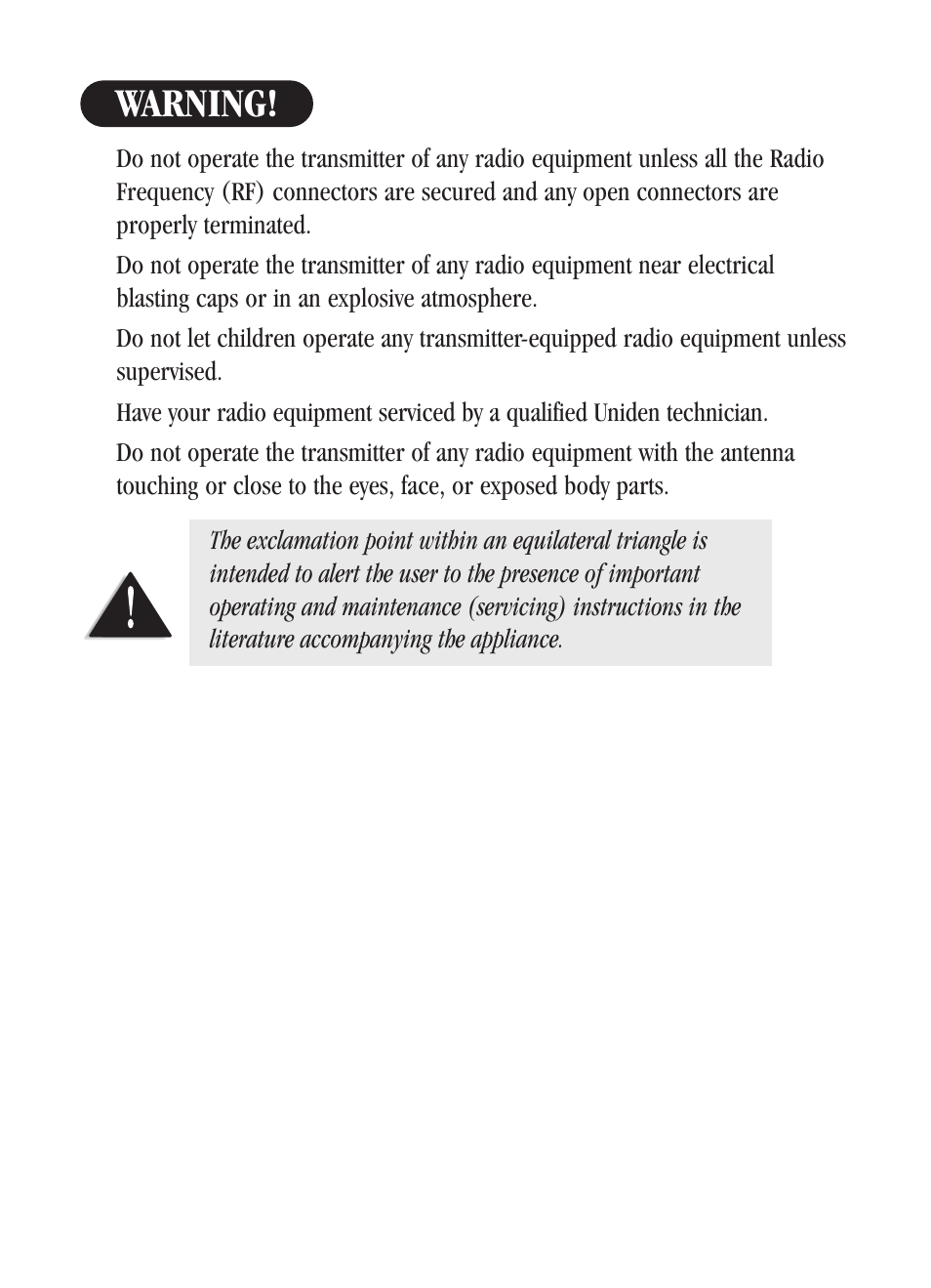 Warning | Uniden UH-040XR User Manual | Page 2 / 24