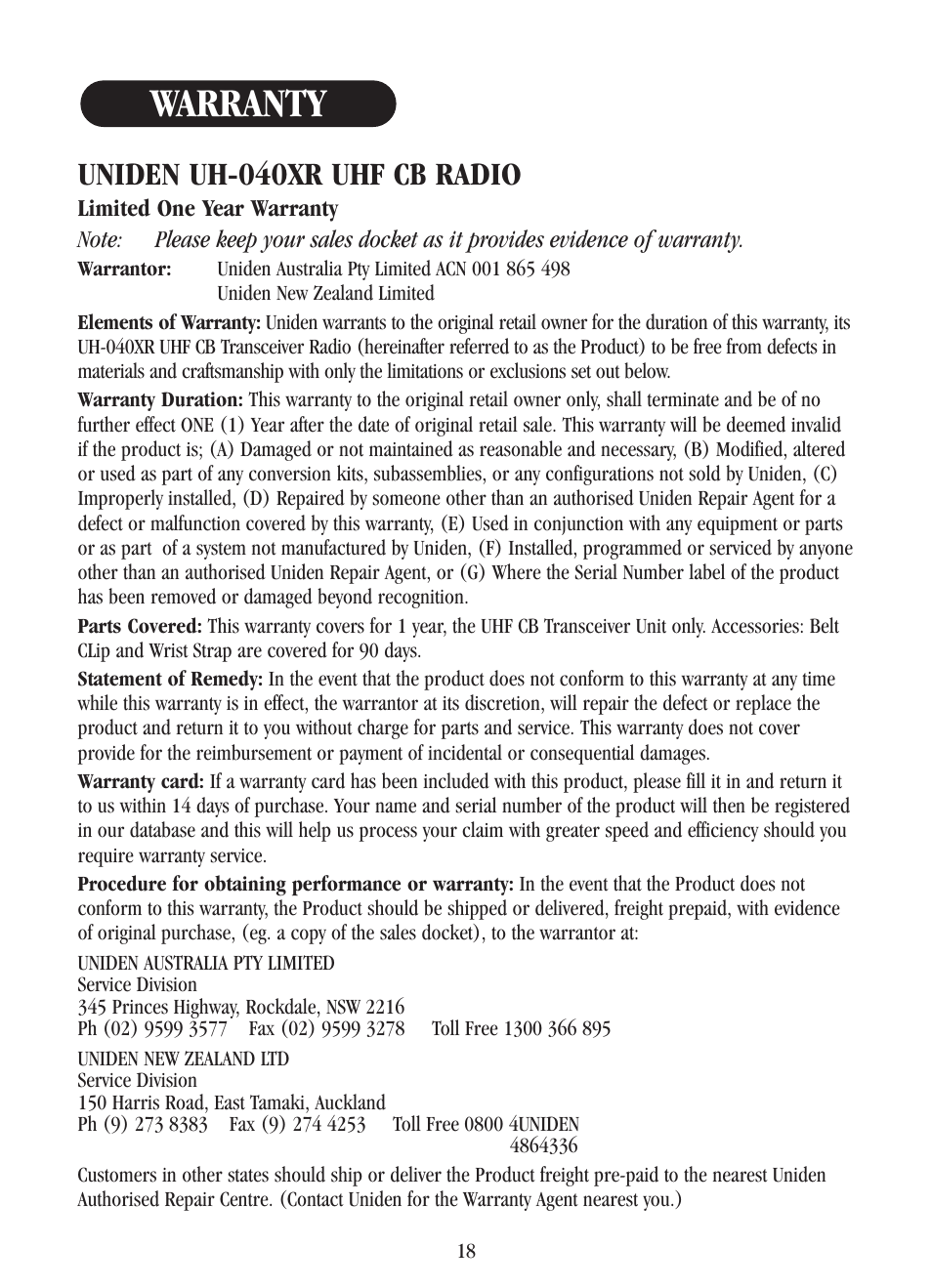 Warranty, Uniden uh-040xr uhf cb radio | Uniden UH-040XR User Manual | Page 21 / 24