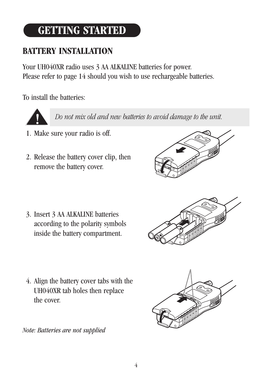 Getting started, Battery installation | Uniden UH-040XR User Manual | Page 7 / 24
