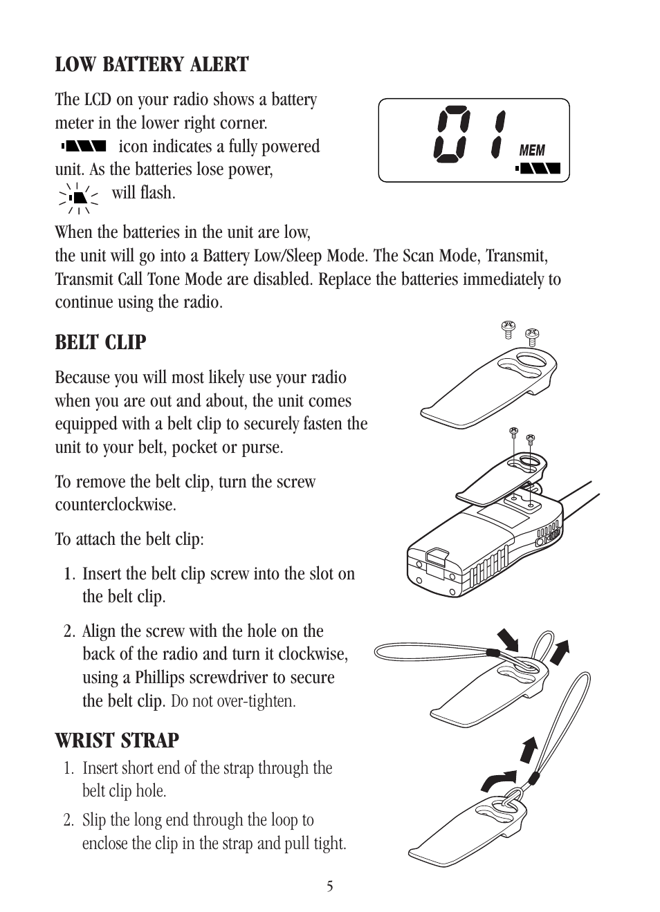 Low battery alert, Belt clip, Wrist strap | Uniden UH-040XR User Manual | Page 8 / 24