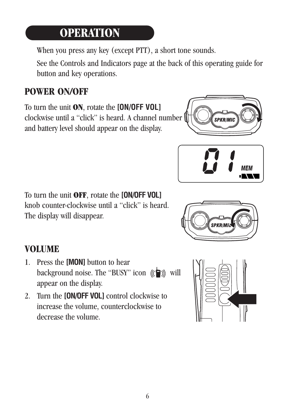 Operation, Power on/off, Volume | Uniden UH-040XR User Manual | Page 9 / 24