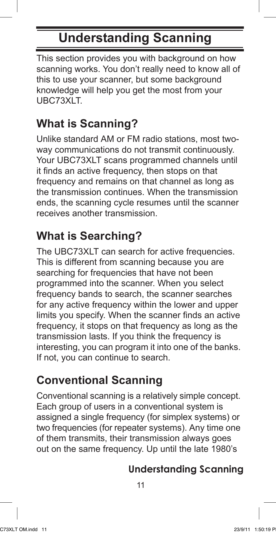 Understanding scanning, What is scanning, What is searching | Conventional scanning | Uniden UBC73XLT User Manual | Page 11 / 60