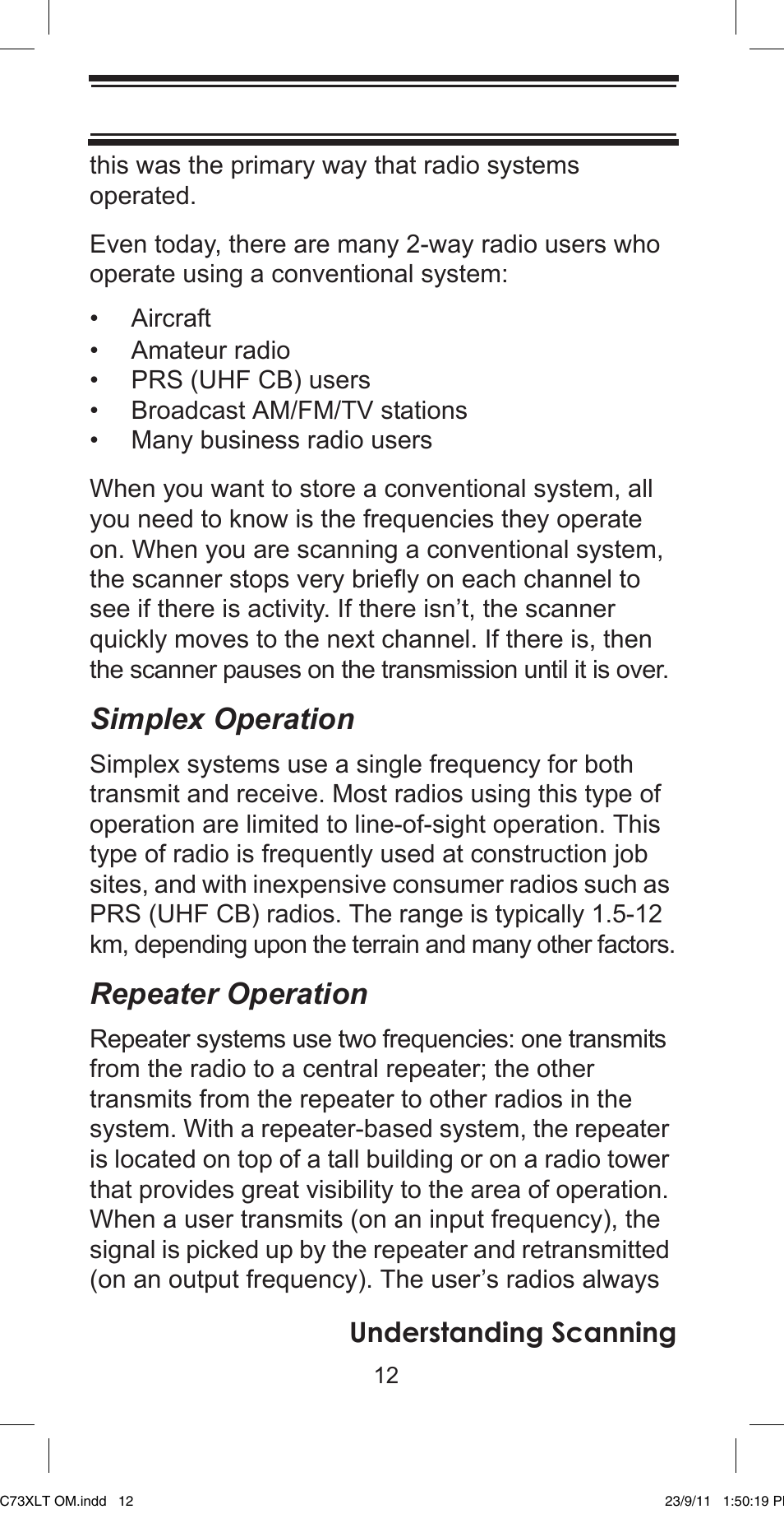Simplex operation, Repeater operation, Understanding scanning | Uniden UBC73XLT User Manual | Page 12 / 60
